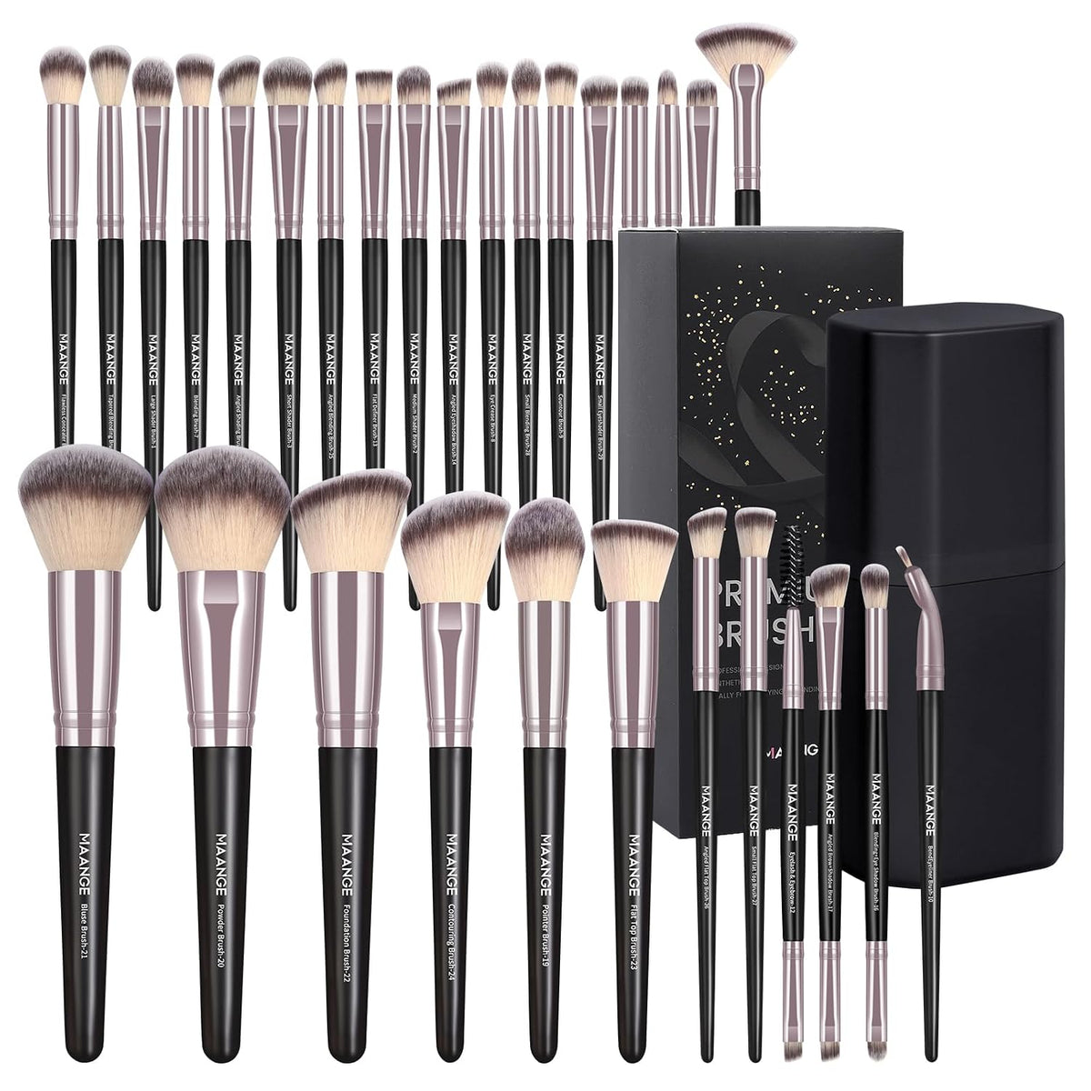 MAANGE 30Pcs Professional Makeup Brush Set with Case – Premium Synthetic Brushes for Foundation, Powder, Blush, Eyeshadow & Blending,Black Coffee