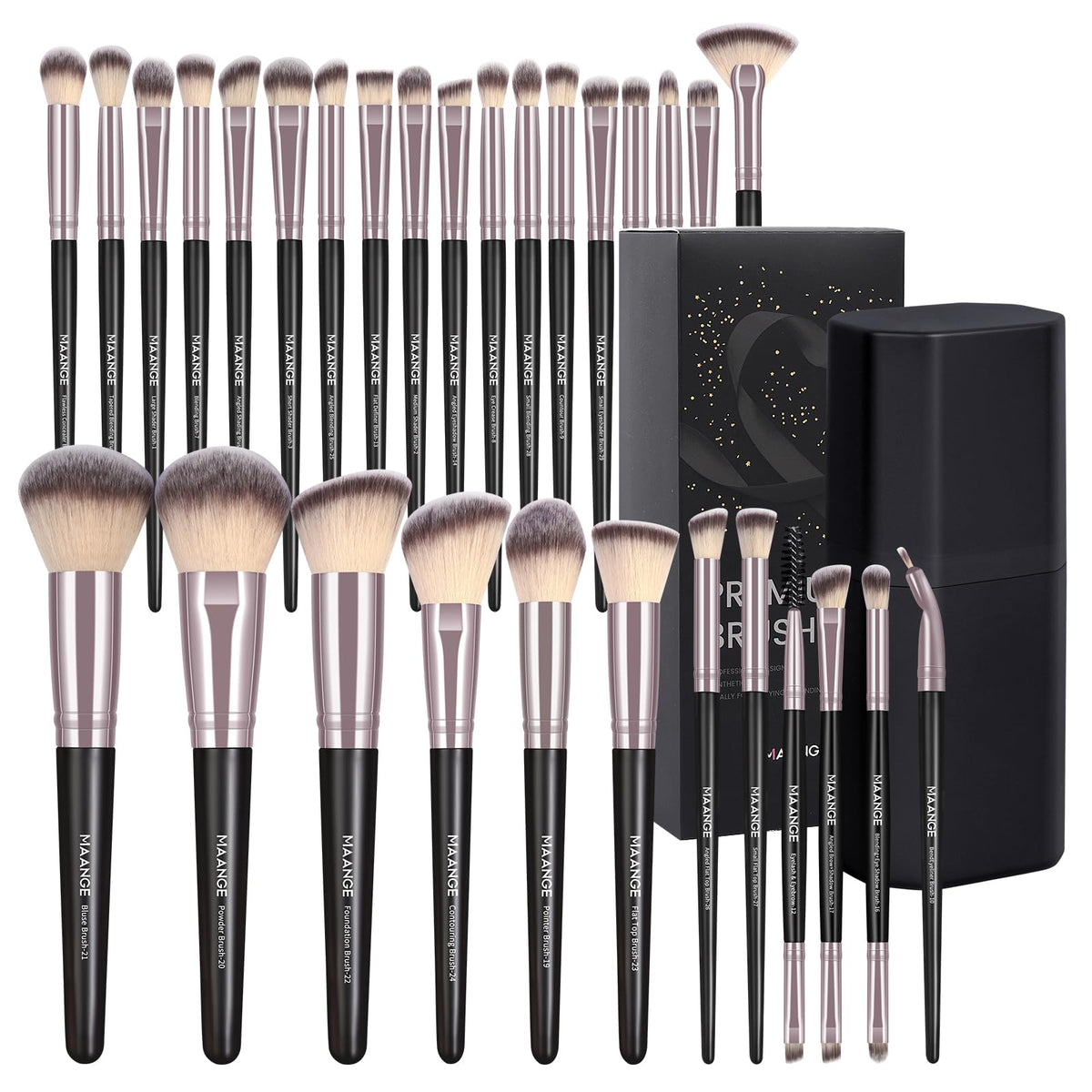 MAANGE 30Pcs Professional Makeup Brush Set with Case – Premium Synthetic Brushes for Foundation, Powder, Blush, Eyeshadow & Blending,Black Coffee