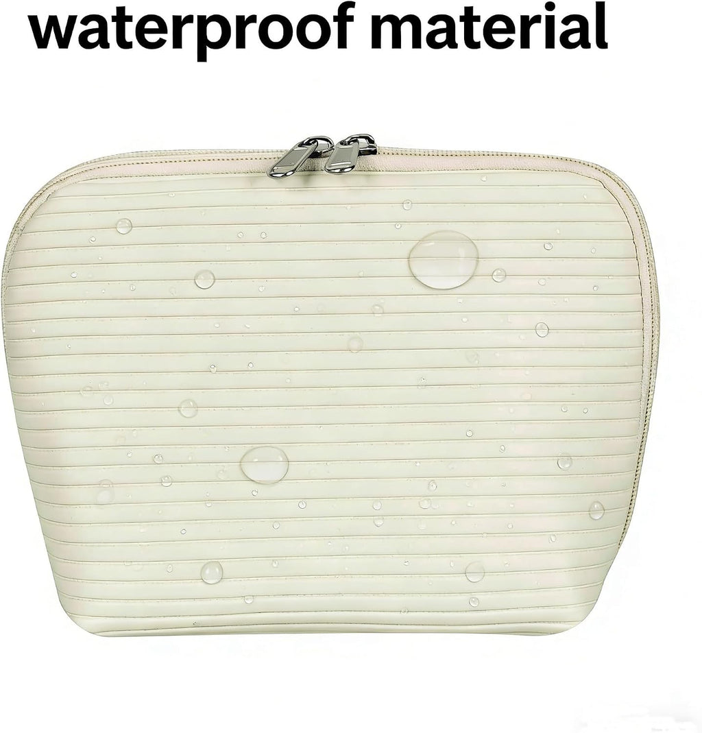 Travel Makeup Bag for Women, Waterproof Stand Up Cosmetic Bag with Brush Holders, Organizer Bag with Compartments, Fold-Down Design for Skincare, Toiletries & Essentials(White, Medium)