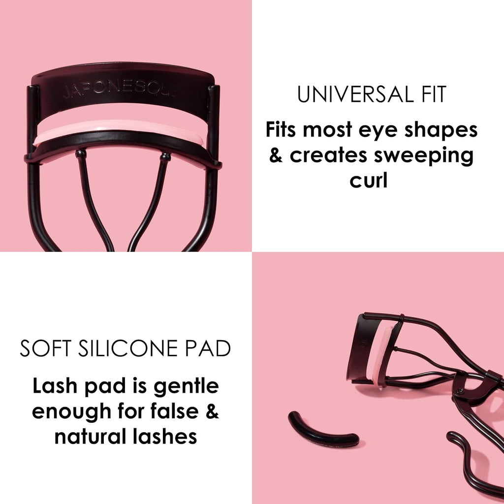 JAPONESQUE Professional Volumizing Lash Curler for Natural & False Lashes on Most Eye Shapes and Large Eyes, 1 Refill Pad, Holds Curl up to 8 Hours