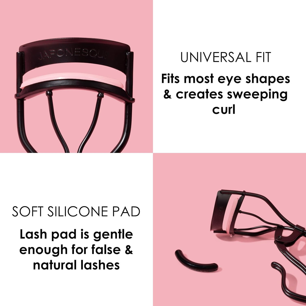 JAPONESQUE Professional Volumizing Lash Curler for Natural & False Lashes on Most Eye Shapes and Large Eyes, 1 Refill Pad, Holds Curl up to 8 Hours