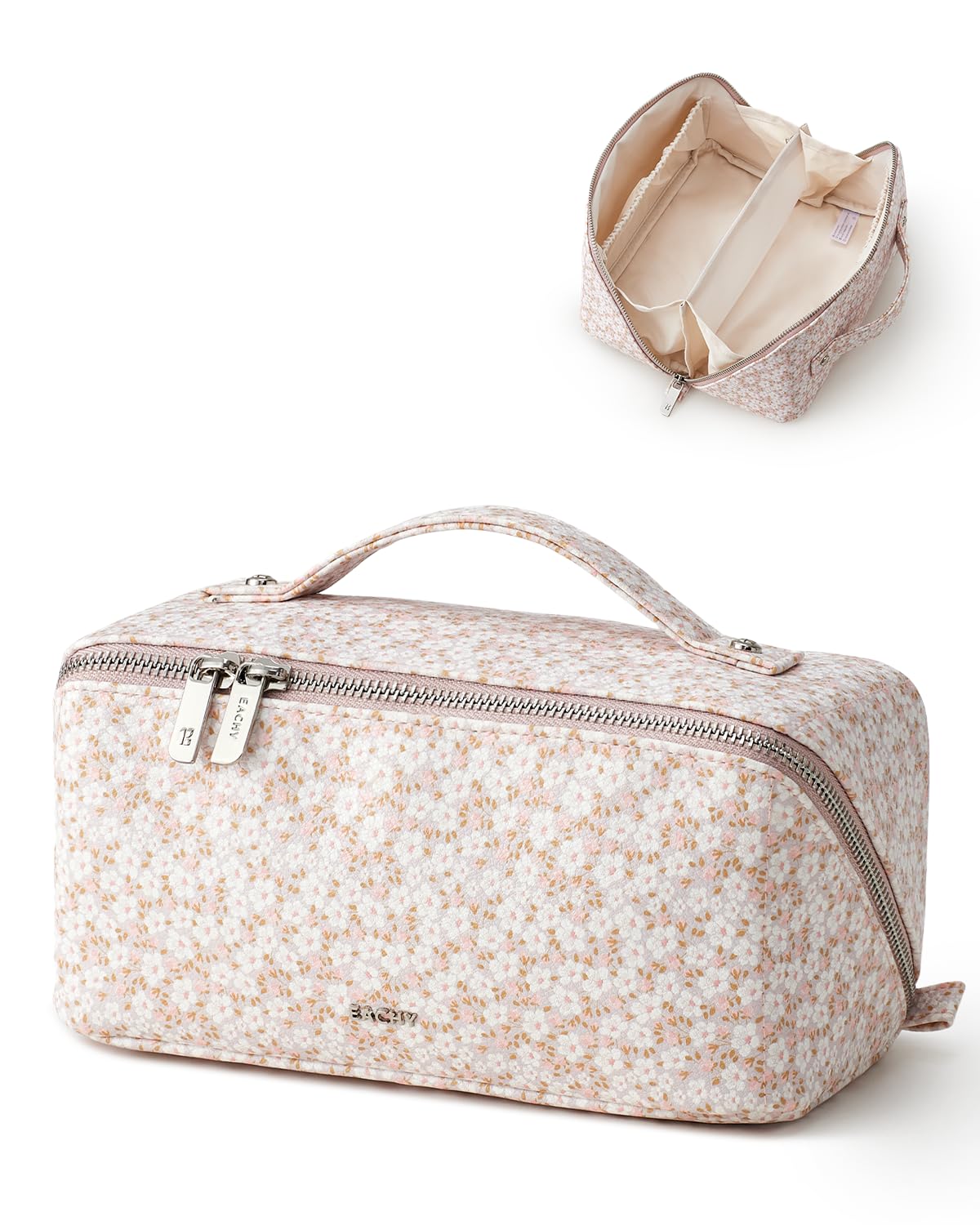 EACHY Travel Makeup Bag, Floral Cosmetic Bag for Women, Beige, Medium
