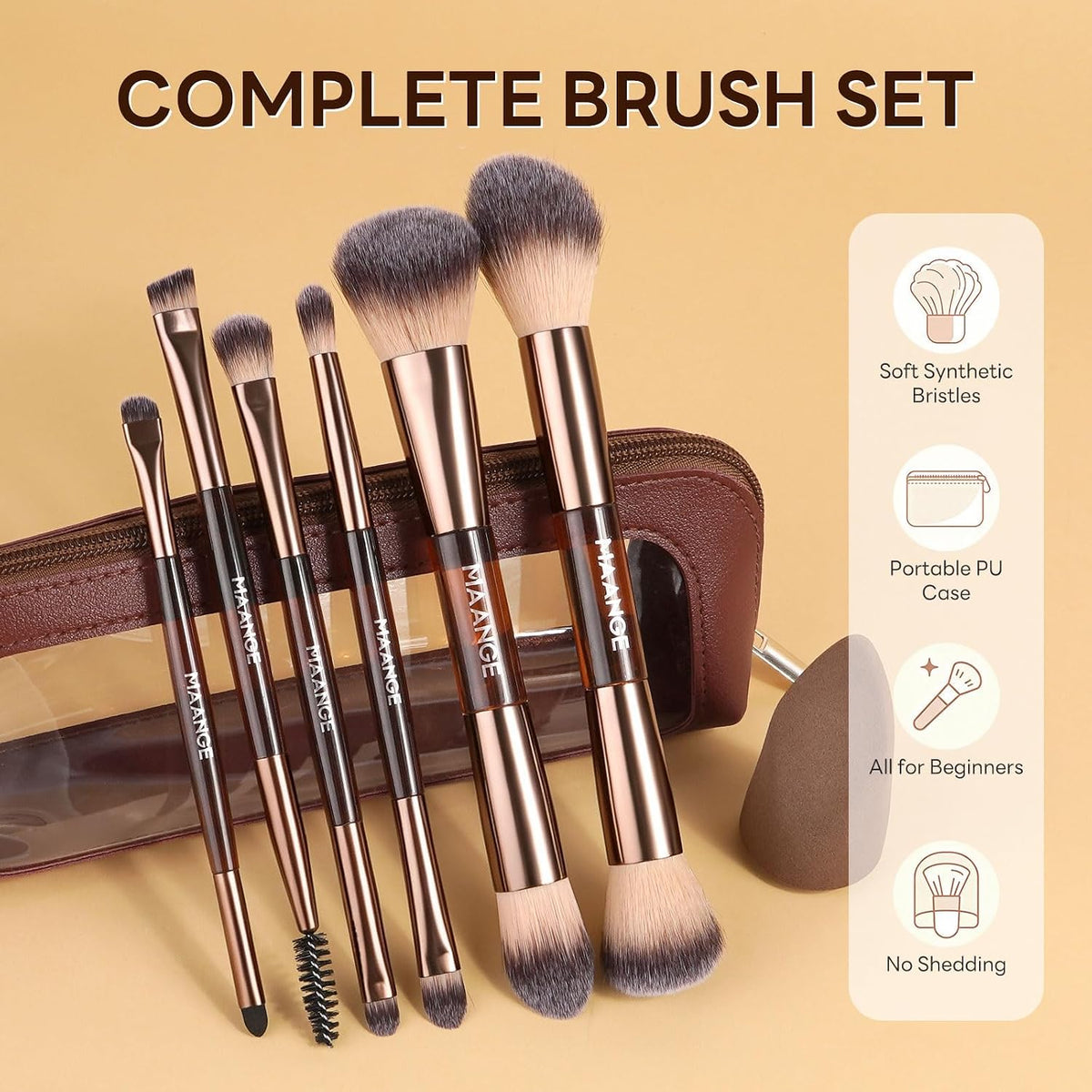 MAANGE 6Pcs Double Ended Makeup Brush Set with Makeup Sponge & Travel Bag