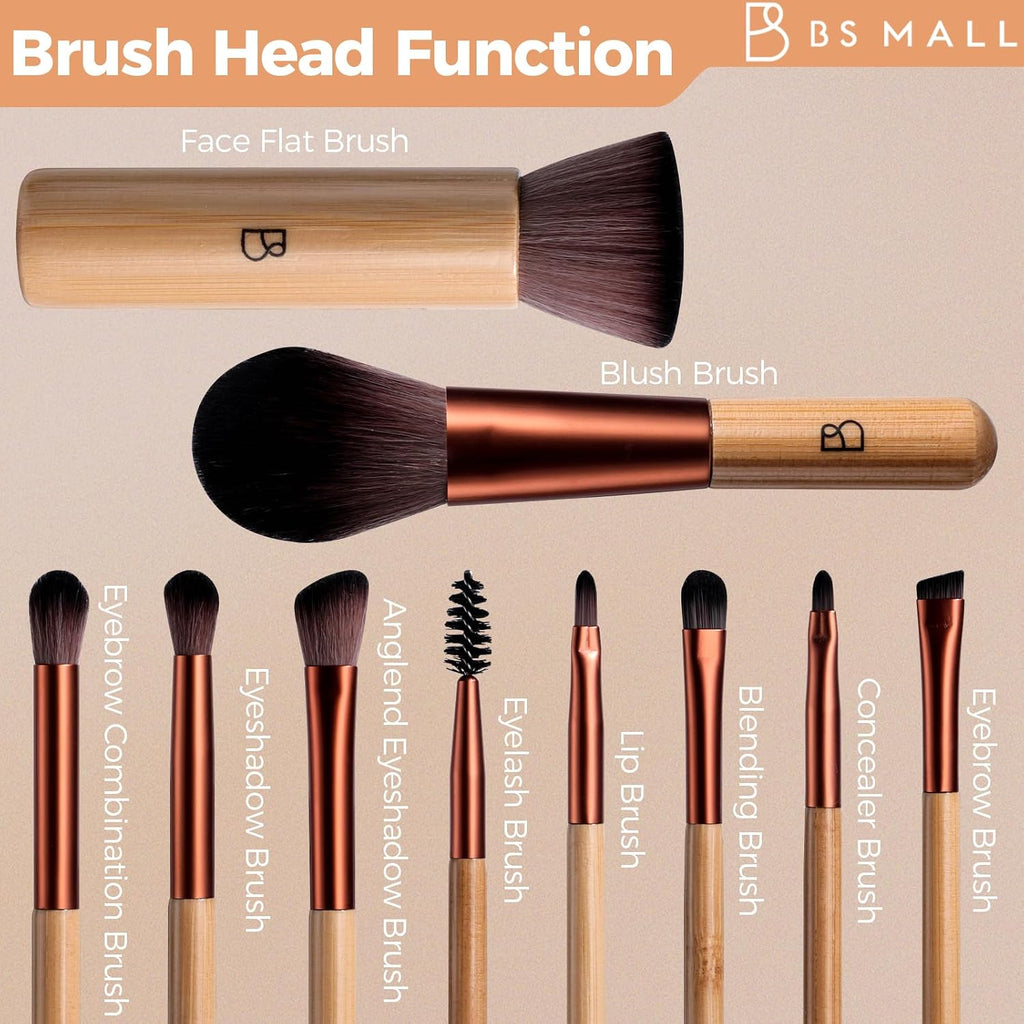 Travel Makeup Brush Set BS-MALL 10 Pcs Professional Bamboo - -friendly Eyeshadow Brush, Concealer Brush & Foundation Brush For Liquid Makeup - Lightweight Multi-purpose Daily Use With Makeup Bag