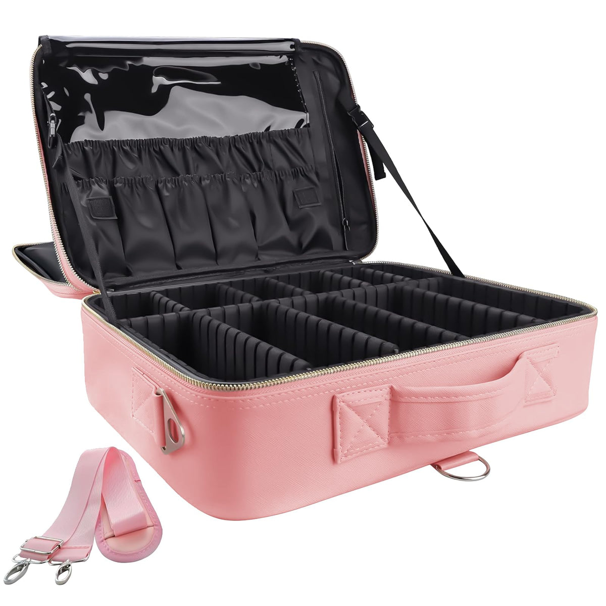 gzcz Large Capacity Travel Makeup Train Case,Professional Cosmetic Bags for Women,Portable Makeup Brush Bag Organizer Storage with Adjustable Dividers and Shoulder Strap