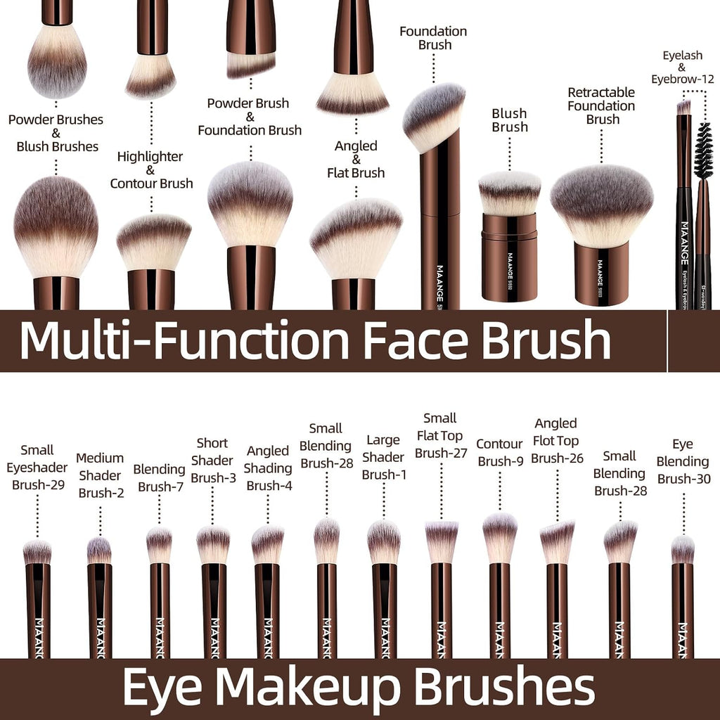 MAANGE 20 PCS Foundation Makeup Brush Set, Double-ended Kabuki Contour Brush for Liquid Powder Concealer Blending Blush Face Makeup Tools with Gift Box (Coffee)