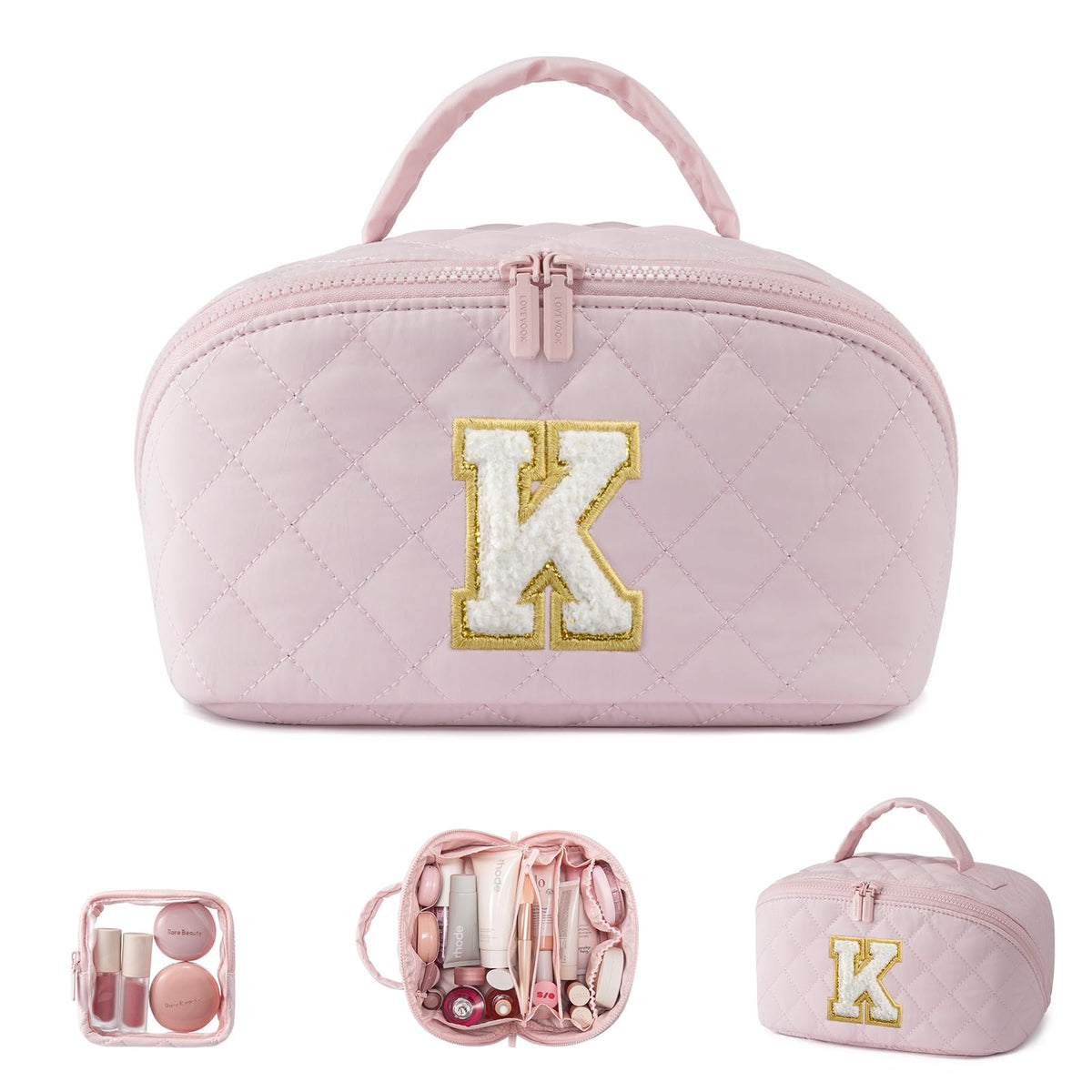 LOVEVOOK Travel Makeup Bag for Women, 2Pcs Puffer Waterproof Cosmetic Organizer, Large Capacity Pouch Open Flat Small Toiletry Bag with Brush Compartment & Handle (Pink, Medium)