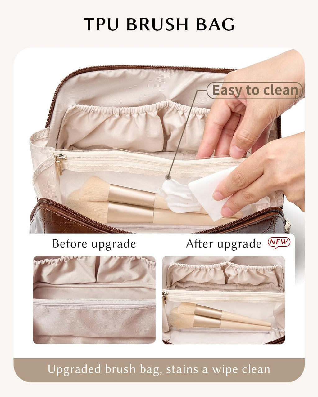 Makeup Bag, Travel Cosmetic Bags toiletry bag for Women, Waterproof PU Leather Make Up Pouch Organizer Travel Essentials Organizer with Divider (Brown)