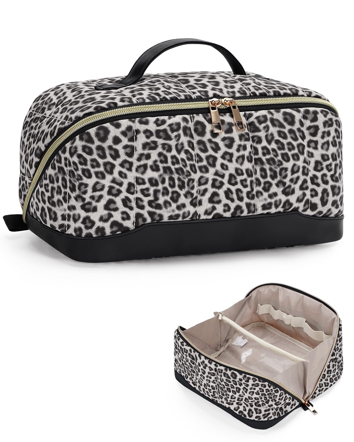 Makeup Bag for Women, Open Flat Puffy Organizer with Wipe-Clean PVC Lining