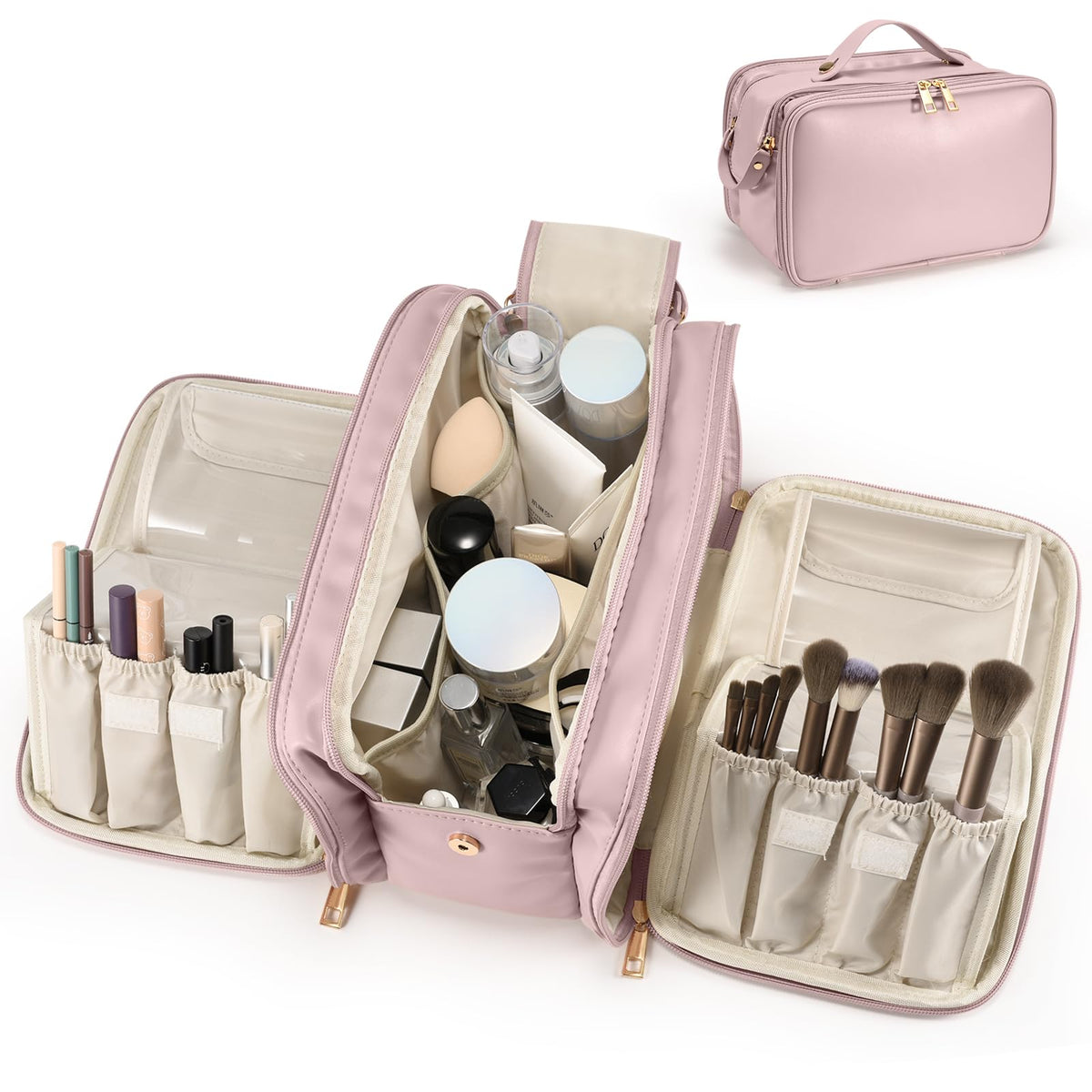 HauteHues Travel Makeup Bag Women's Large Capacity Cosmetic Organize Pink
