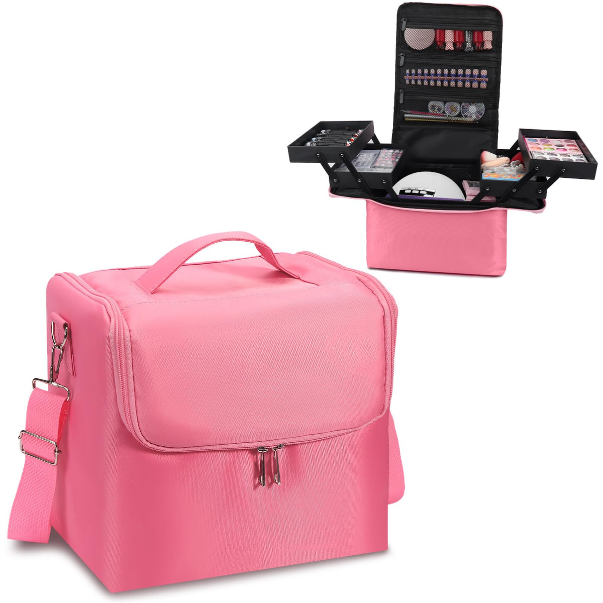 Large Makeup Carrying Train Case for Women, 4 Tier Travel Bag Box, Black