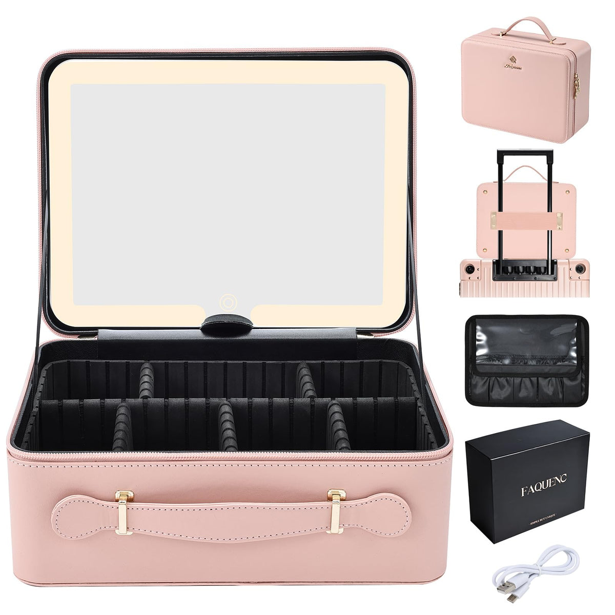 Faquenc Leather Makeup Case with LED Lighted Mirror 11.4 Inch Travel Makeup Bag Adjustable Brightness in 3 Colors Cosmetic Organizer Artist Storage Bag with Dividers Brush Holder Bag Vanity White