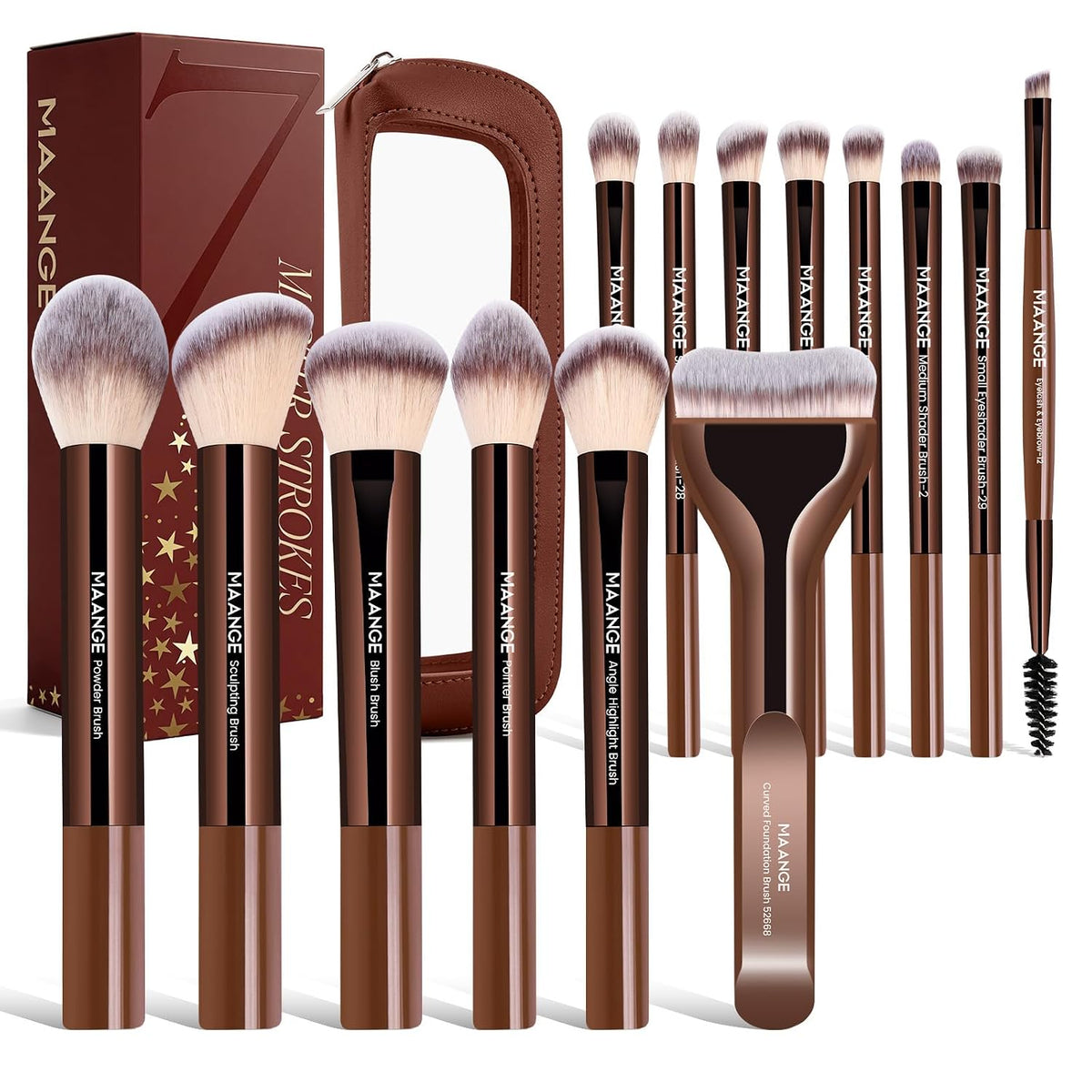 MAANGE 14 PCS Makeup Brushes Professional Make Up Brushes Premium Synthetic Powder Concealers Brushes Travel Makeup Brush Set with Case (Coffee)