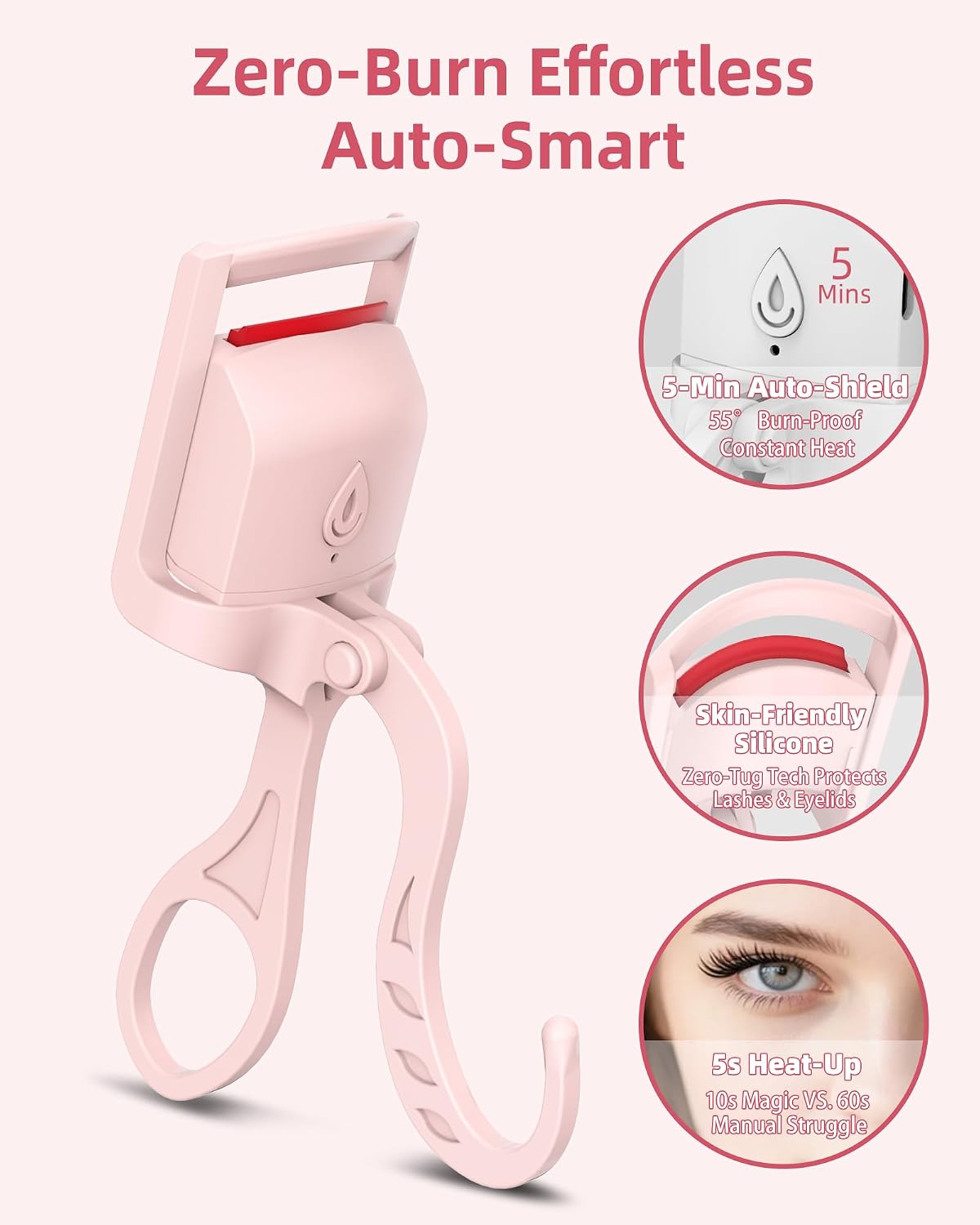 Heated Eyelash Curler,24H Long-Lasting Curls &Safe Anti-Burn (Pink)