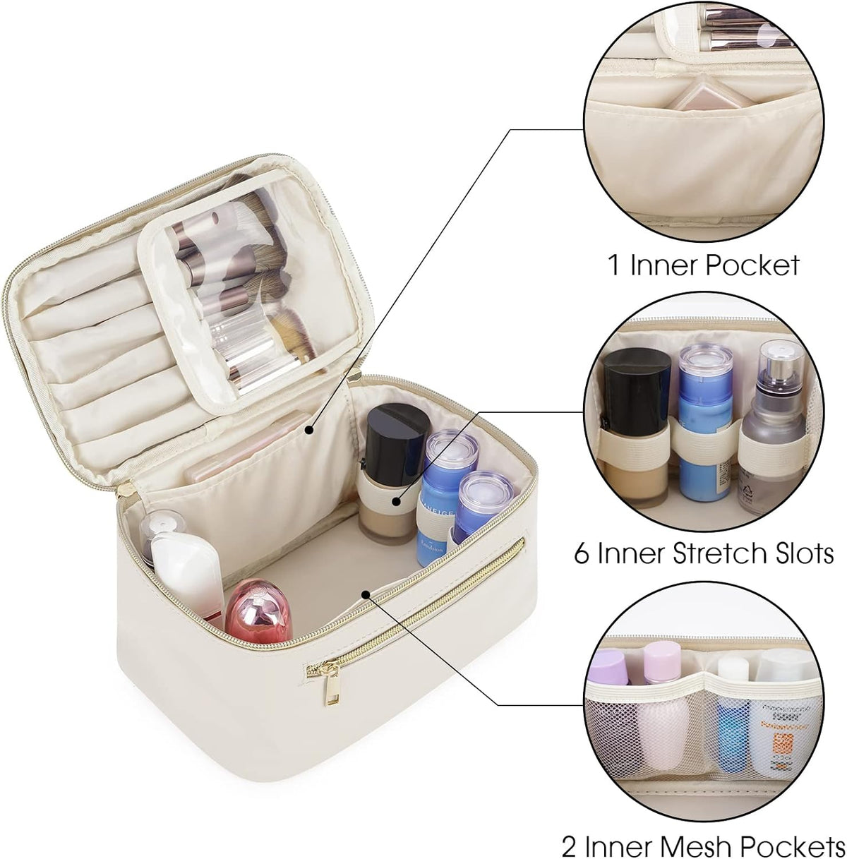 Wandering Nature Makeup Bag, Travel Make Up Organizer Cosmetic Brush Bags Case for Women in Vegan Leather, Milky White, Patent Pending