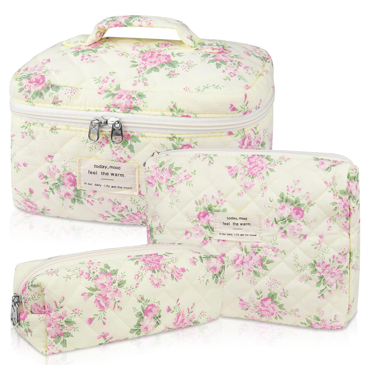 Gosect Makeup Bag, Large Quilted Cosmetic Bag, Big Floral Make Up Bag for Women Girls, Cute Cotton Makeup Bag Set, Flower Travel Toiletry Organizer Bag (Blue Flower)
