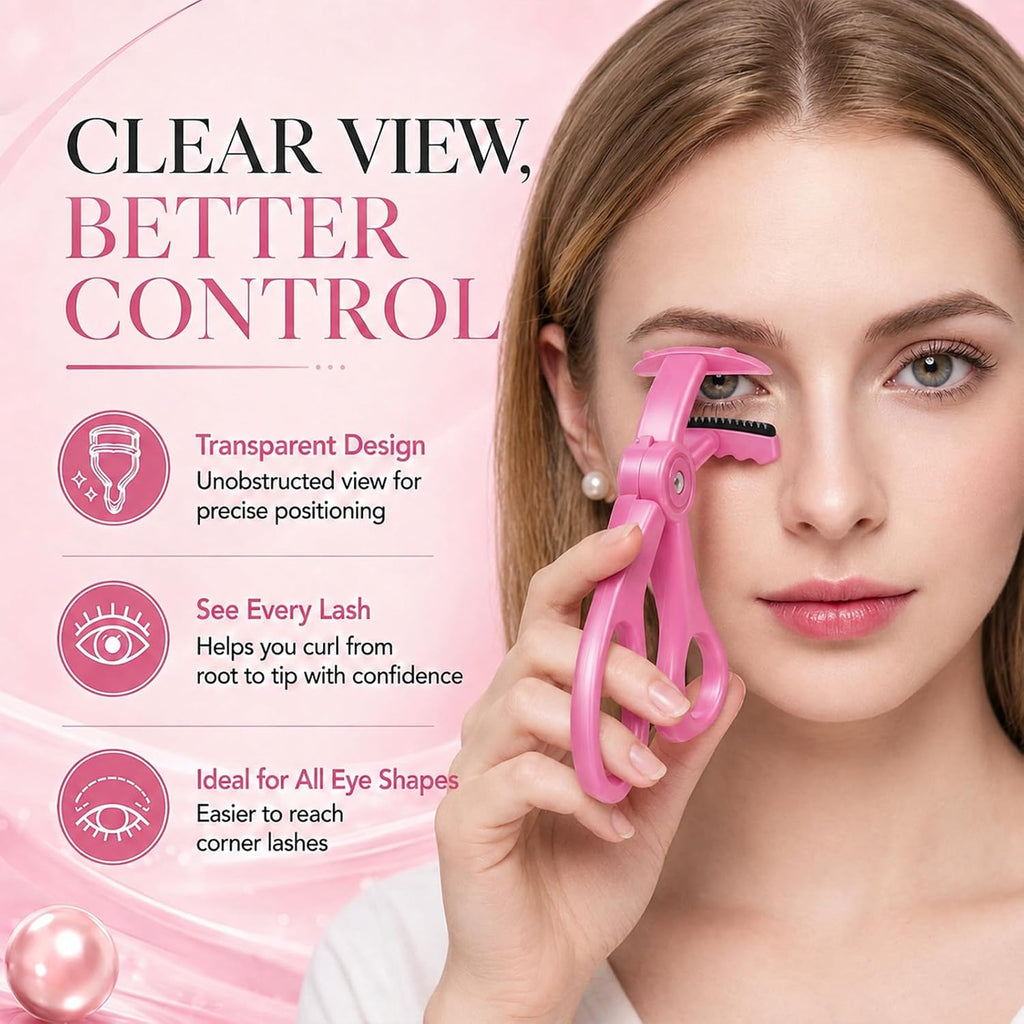 Wide‑Angle Eyelash Curler with Comb, Pinch-Free Lash Curler, White+Pink