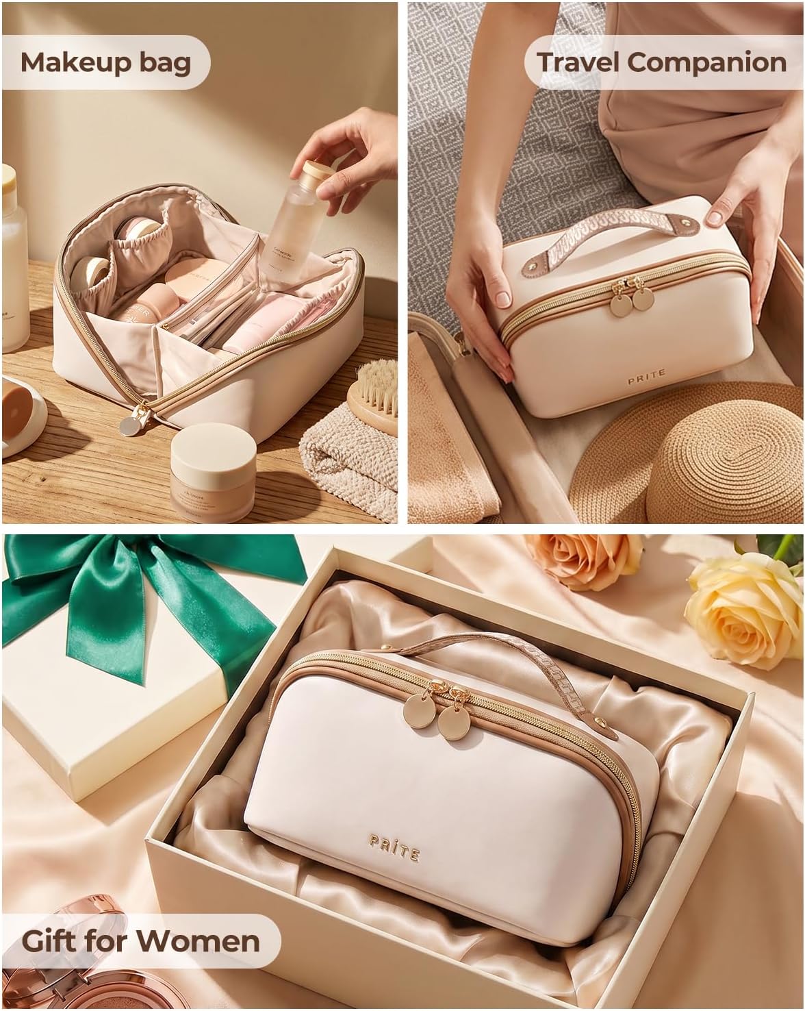 Prite Makeup Bag Travel Toiletry Bag Open Flat Cosmetic Organizer for Women