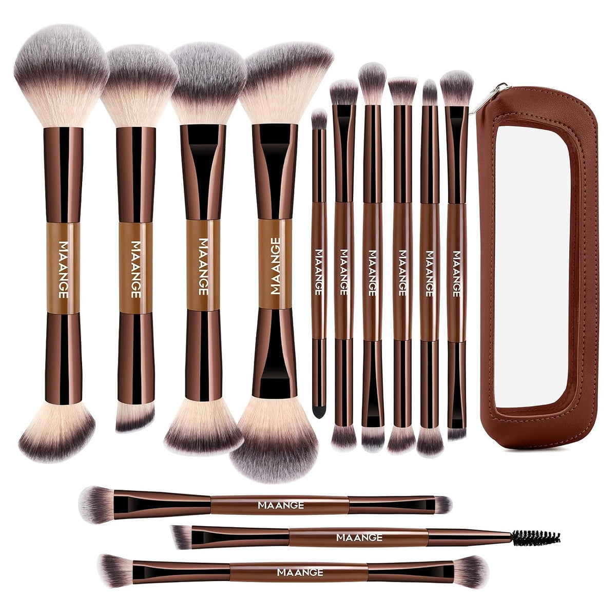 MAANGE 13 Pcs Foundation Makeup Brush Set With Bag, Make up Brushes, Double-End Multi Functional Makeup Brushes, Professional Face Brush Set Tools For Liquid Powder Concealer Cream Blush (Coffee)