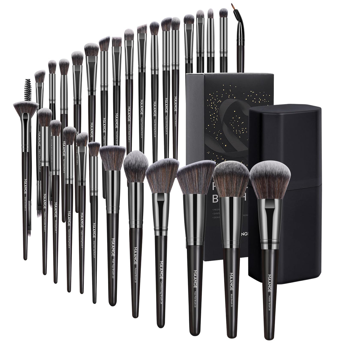 MAANGE 30Pcs Professional Makeup Brush Set with Case – Premium Synthetic Brushes for Foundation, Powder, Blush, Eyeshadow & Blending,Black Coffee