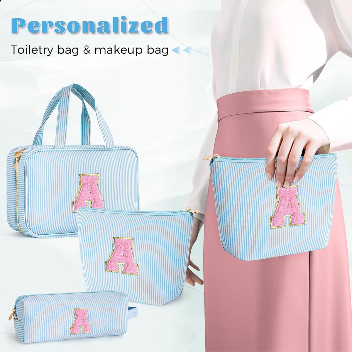 Gifts for Teen Girls Women - Personalized Toiletry Bag Initial Makeup Bag | Travel Cosmetic Bag | 8 9 10 11 12 13 14 15 16 Years Old Girl Gift Trendy Stuff - Blue A