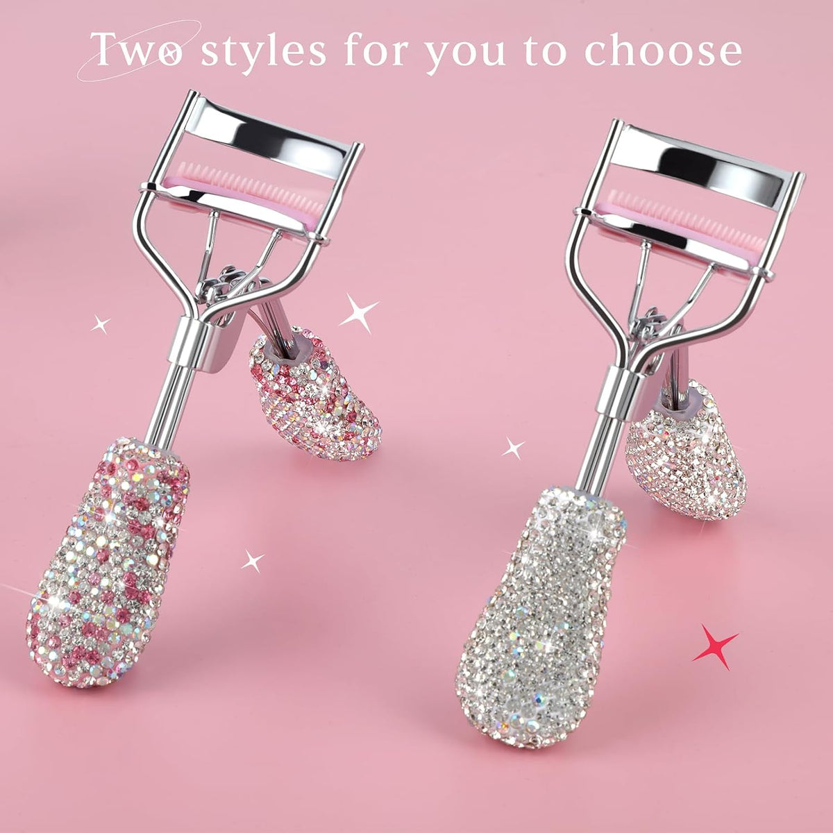 Bling Rhinestone Eyelash Curlers with Built-in Comb Natural and Long Lasting Eyelash Fit for All Eye Shape Curved Lash Curler for Daily Makeup (White AB)