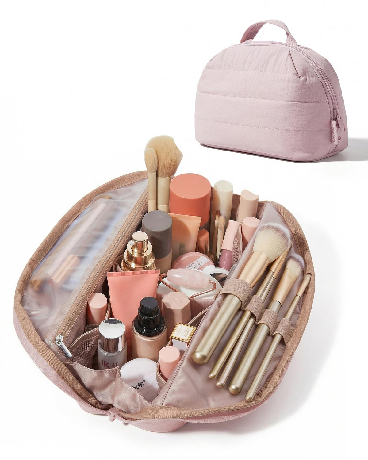 BAGSMART Travel Parallel Makeup Bag, Fold-Down Cosmetic Pouch for Women