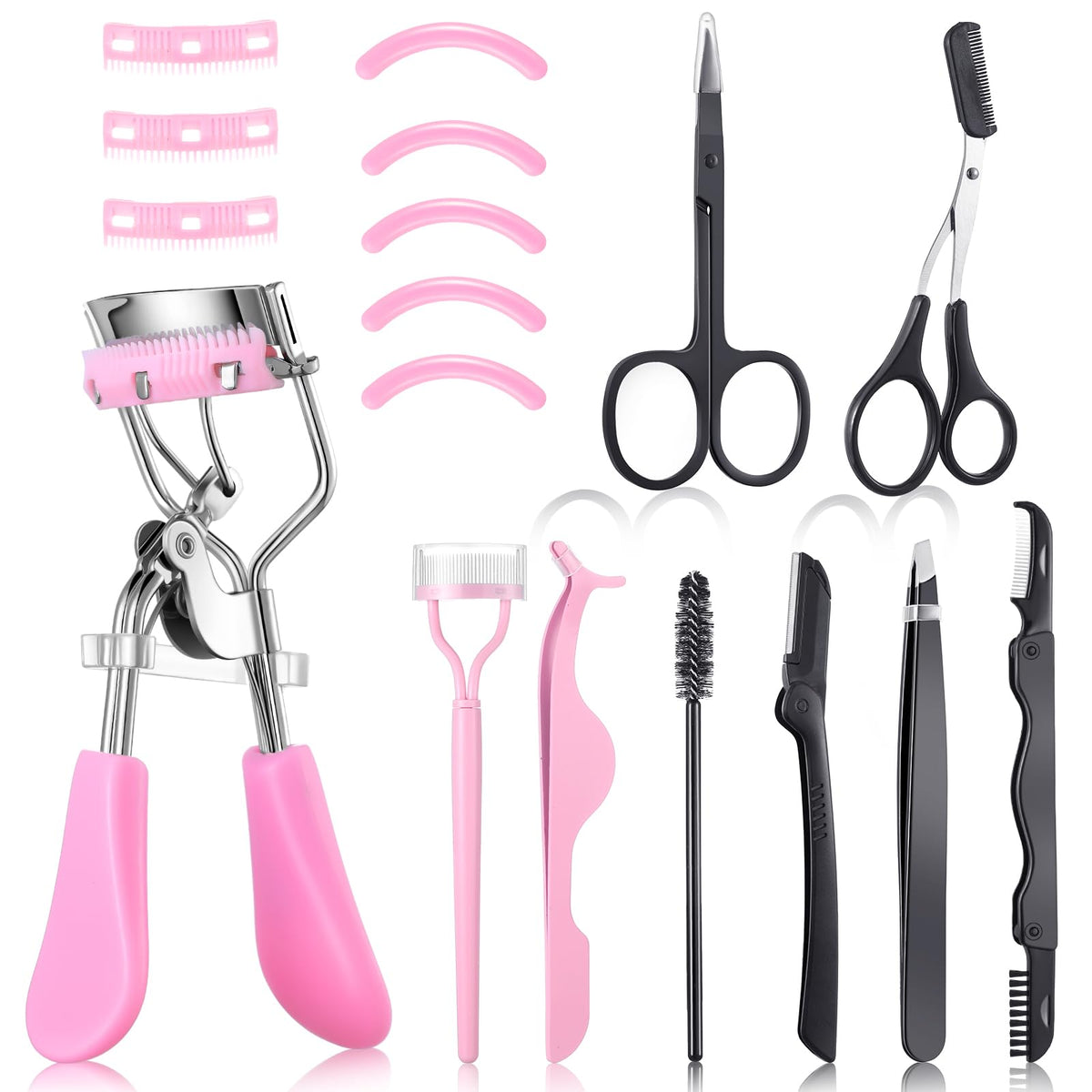 17 Pcs Eyelash Curlers Kit Lash Curler Eyelash Comb Seperator Extension Tweezers Eyebrow Brush Scissors False Eyelashes Applicator Eyebrow Trimmer Silicone Refills Pads for Women(Purple)