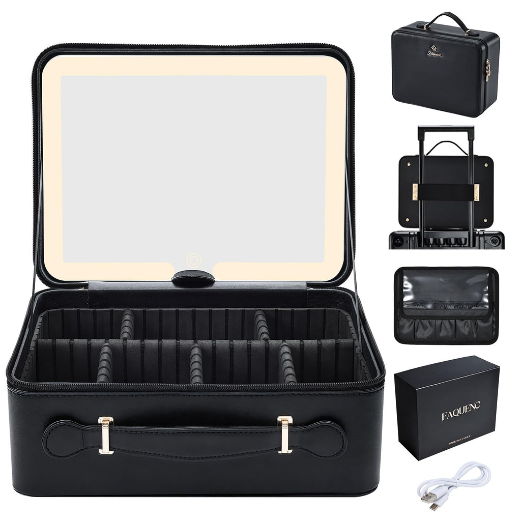 Faquenc Leather Makeup Case with LED Lighted Mirror 11.4 Inch Travel Makeup Bag Adjustable Brightness in 3 Colors Cosmetic Organizer Artist Storage Bag with Dividers Brush Holder Bag Vanity White