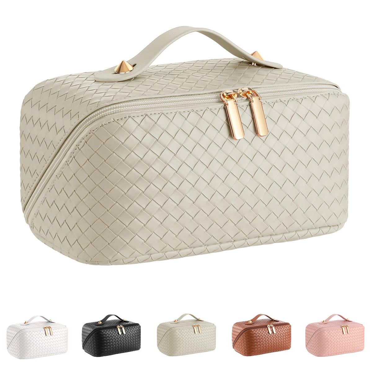 ALEXTINA Travel Makeup Bag, Checkered PU Leather Cosmetic Bag, Black