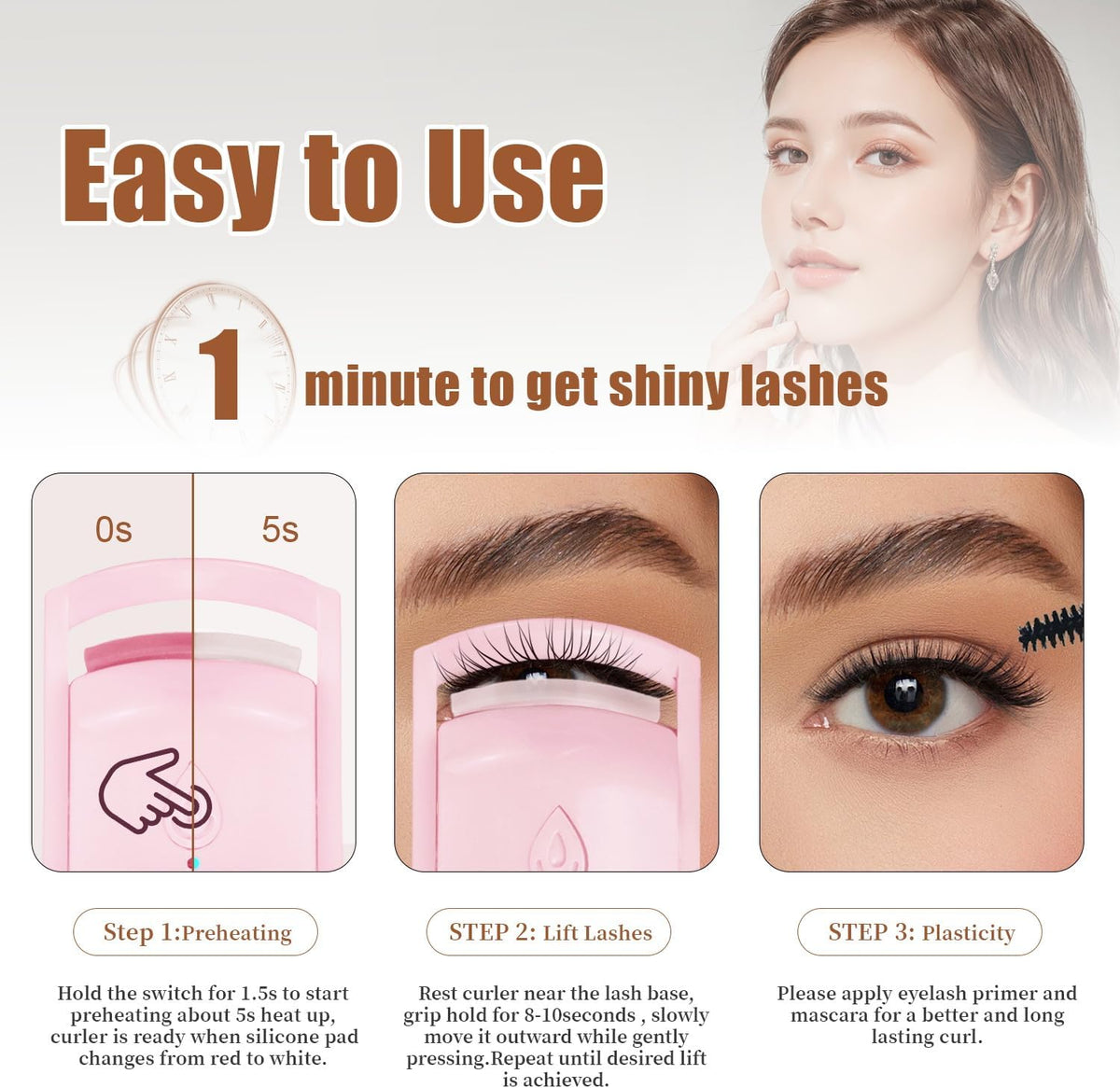 Heated Eyelash Curler Fast Heat Up in 5s - C-Shaped Rechargeable Electric Eyelash Curler for 24H Long Lasting Curls - Safe Anti-Burn Lash Curler Elevate Your Beauty with Stunning Lashes Pink