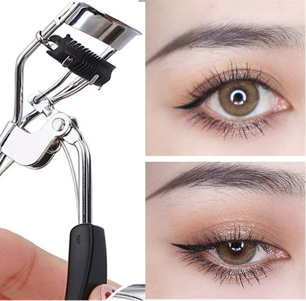 Stainless Steel Eyelash Curler with Built-in Comb Pinch Pain-Free Suitable for Any Eye Shapes and Sizes, with 5 Silicone Refill Pads (Black&Peach Heart)