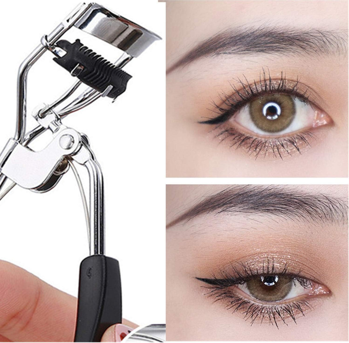 Stainless Steel Eyelash Curler with Built-in Comb Pinch Pain-Free Suitable for Any Eye Shapes and Sizes, with 5 Silicone Refill Pads (Black&Peach Heart)