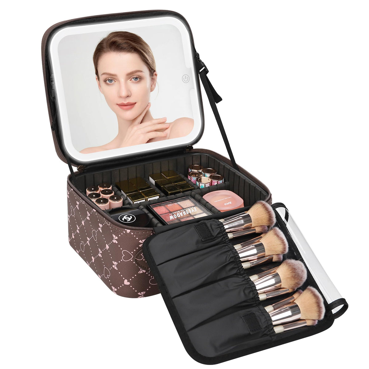 Relavel Travel Makeup Bag With LED Mirror Portable Travel Makeup Organizer 3 Color Adjustable Brightness Waterproof Cosmetic Train Case with Removable Dividers Makeup Storage for Women, Pink