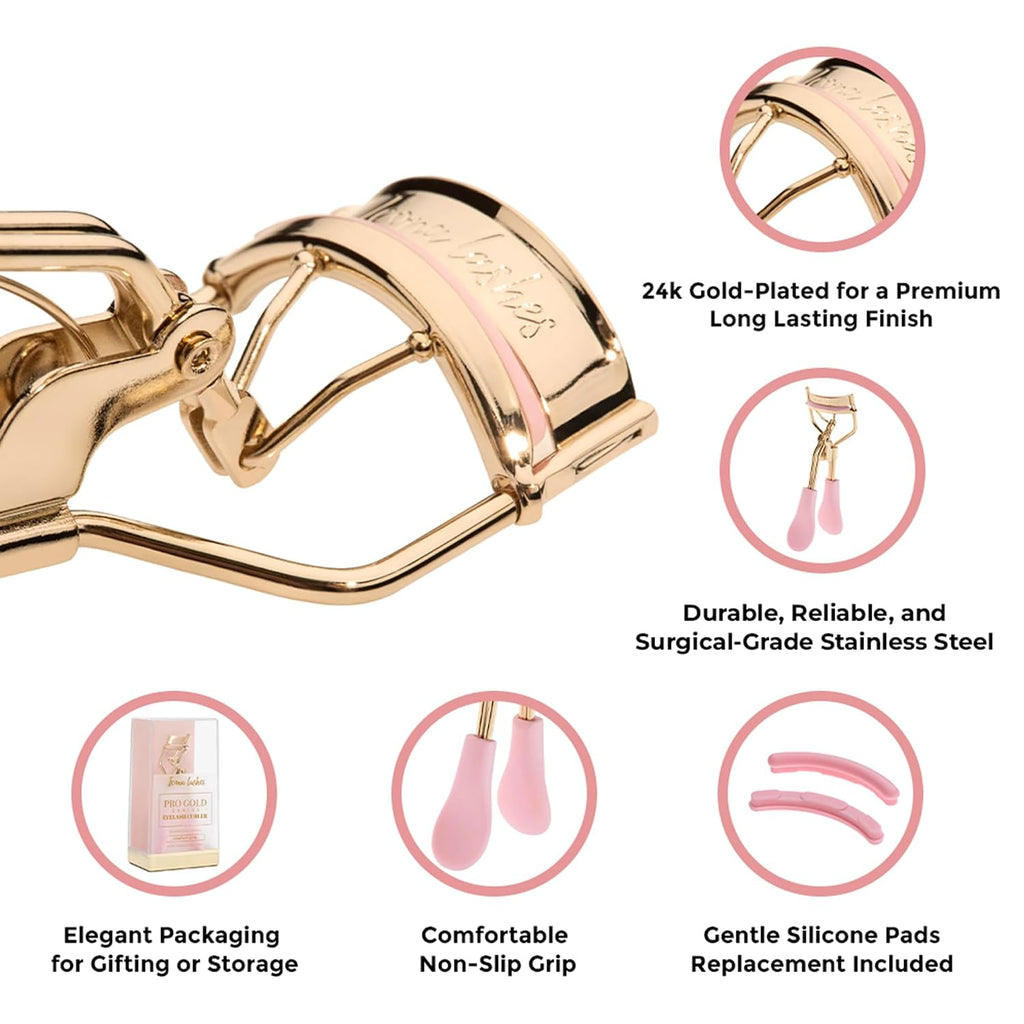 Icona Lashes Eyelash Curler - 24K Gold-Plated Stainless Steel Precision Eye Lash Curler for Lush, Luxurious Lashes - Silicone Eyelash Curler Pads, Ergonomic Cushioned Handles - With Replacement Pads