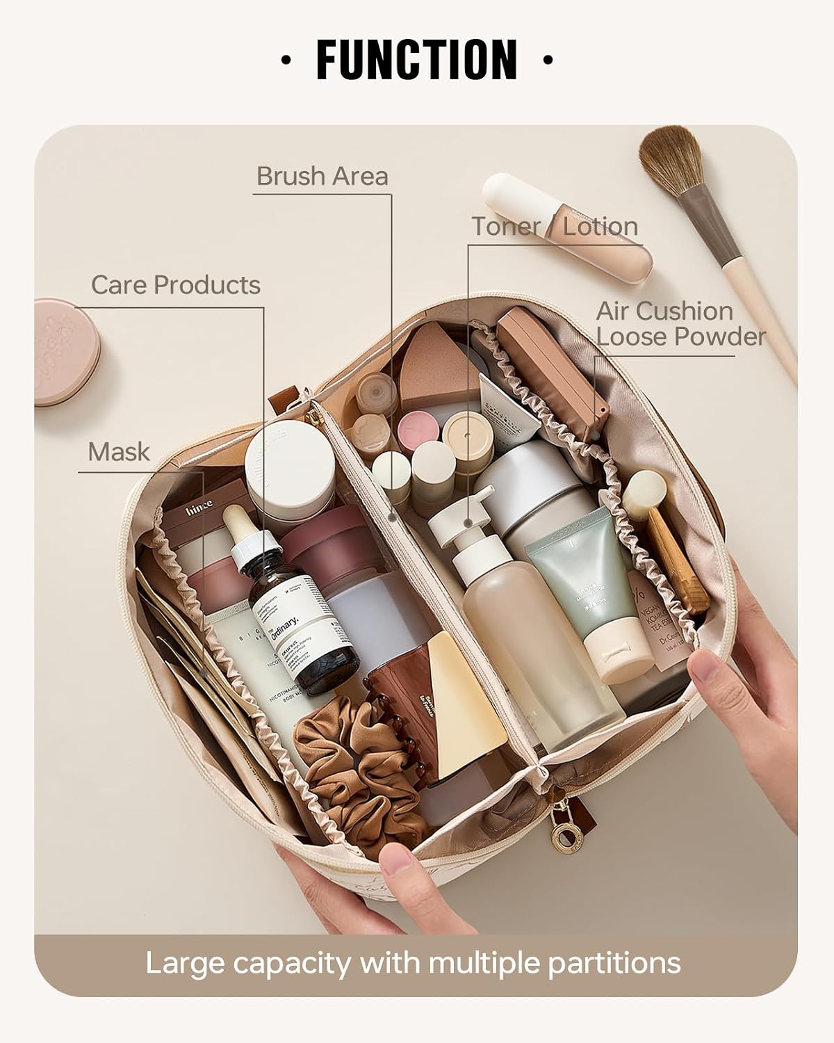EACHY Travel Makeup Bag, Floral Cosmetic Bag for Women, Beige, Medium