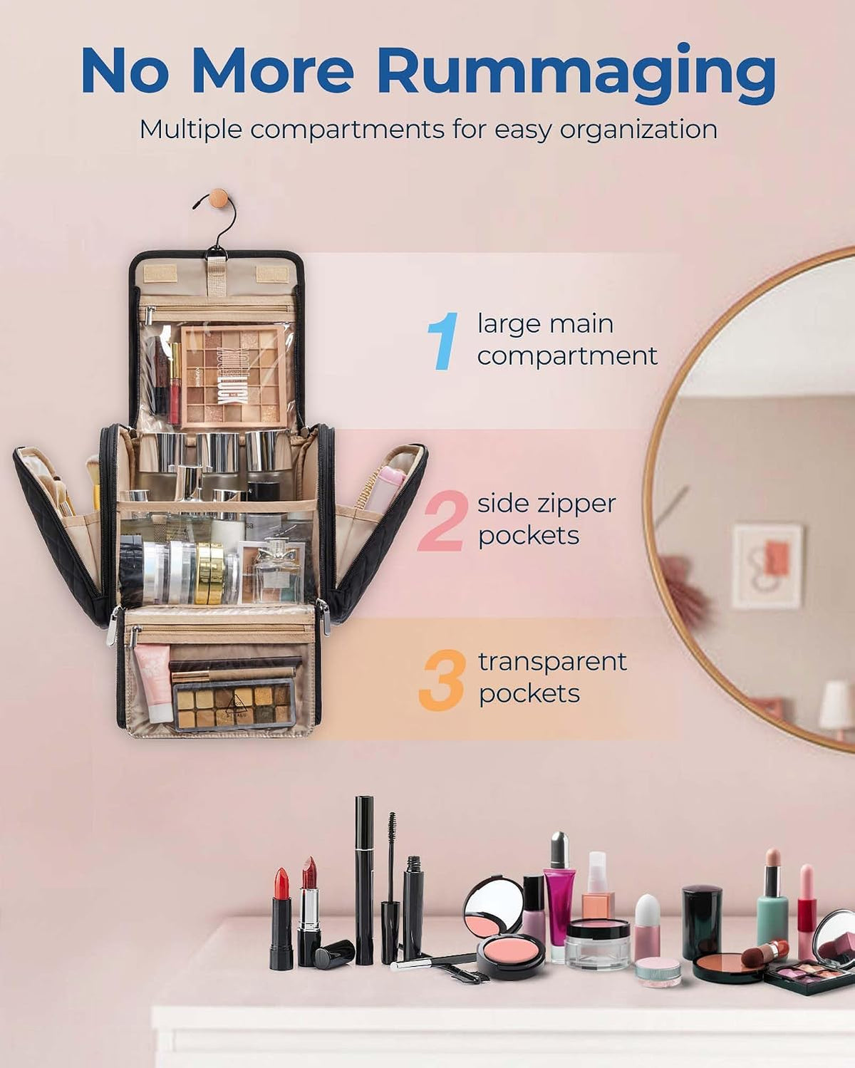 BAGSMART Makeup Bag for Women with Hanging Hook - Portable Cosmetic Case, Large Capacity Door Room Essentials Travel Organizer for Full Sized Cosmetics and Toiletries, Black