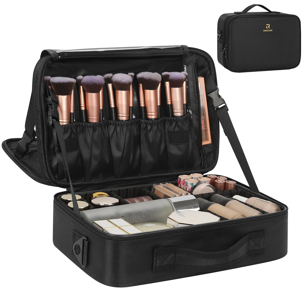 Relavel Makeup Bag Travel Train Case Cosmetic Organizer with Divider, Black