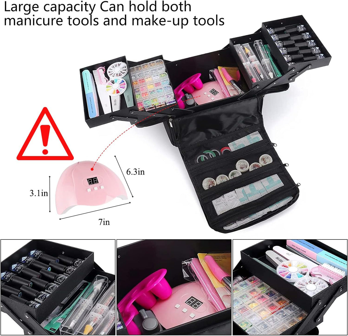 Large Makeup Carrying Train Case for Women, 4 Tier Travel Bag Box, Black