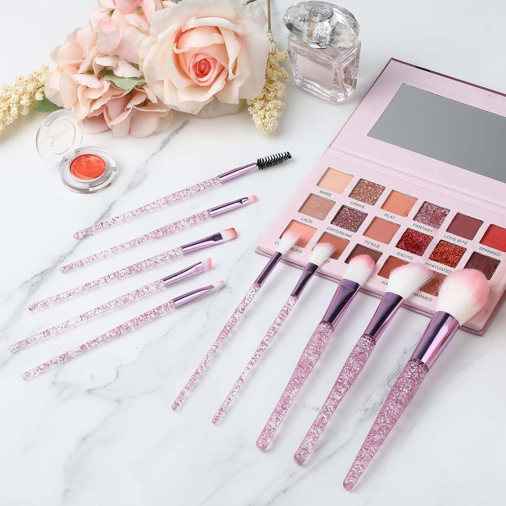 10 PCS Glitter Crystal Makeup Brush Set Cute Makeup Brushes Bling Professional Concealer Eye Shadow Eyeliner Blush Lip Blending Synthetic Brushes Tools Kit Face Cosmetics Blending Brushes for Women