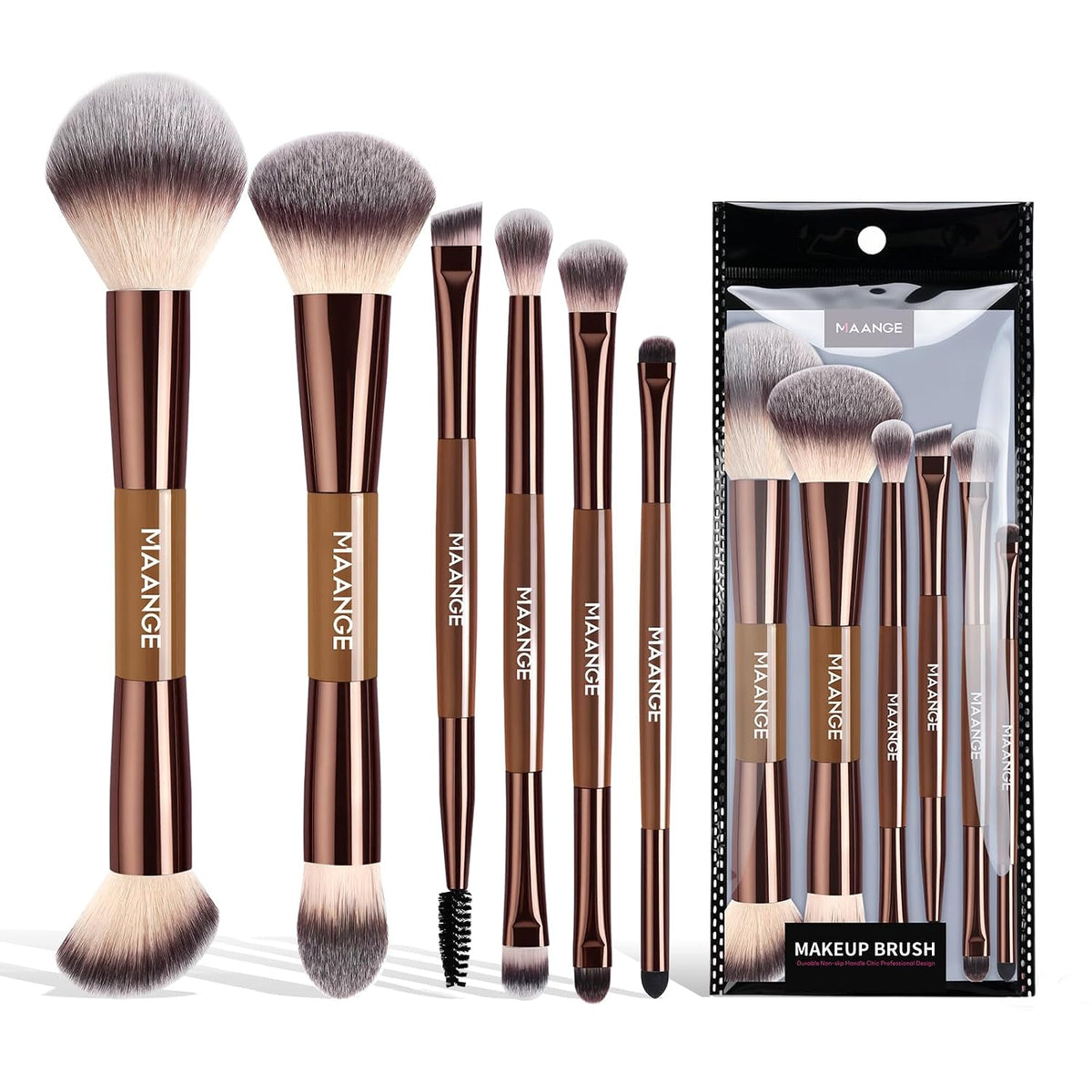 MAANGE 6 Pcs Makeup Brush Set Travel Double-Ended Makeup Brushes for Foundation Powder Concealer Blush Blending Eyeshadow Brushes-Coffee