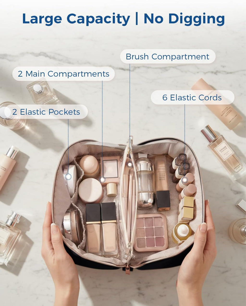 Makeup Bag for Women, Open Flat Puffy Organizer with Wipe-Clean PVC Lining