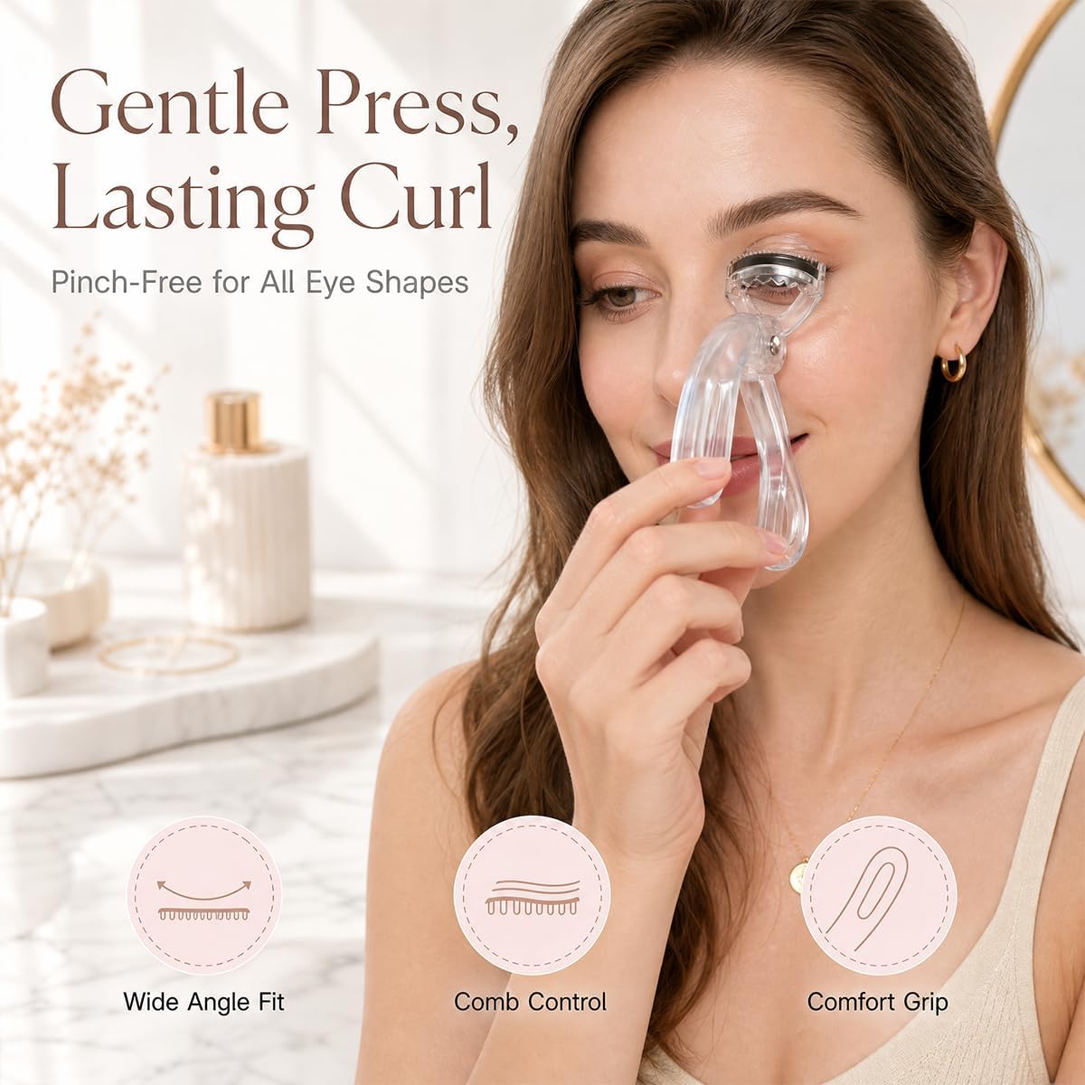 Wide Angle Eyelash Curler with Comb, Pinch Free Lash Curler, White