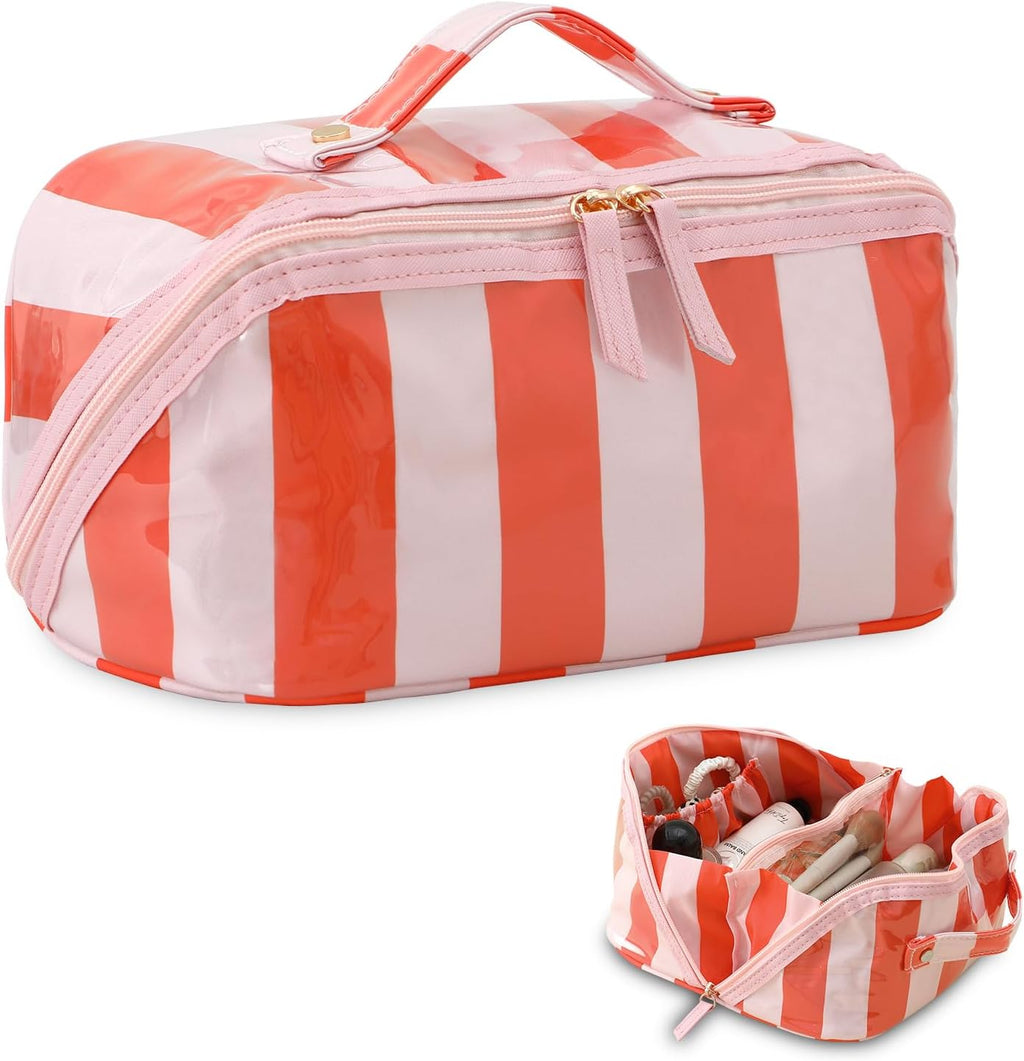 DYSHAYEN Travel Makeup Bag, Pink and Orange Striped