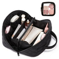 LOVEVOOK Travel Makeup Bag for Women, 2Pcs Puffer Waterproof Cosmetic Organizer, Large Capacity Pouch Open Flat Small Toiletry Bag with Brush Compartment & Handle (Pink, Medium)