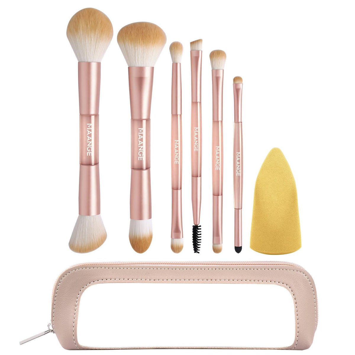 MAANGE 6Pcs Double Ended Makeup Brush Set with Makeup Sponge & Travel Bag