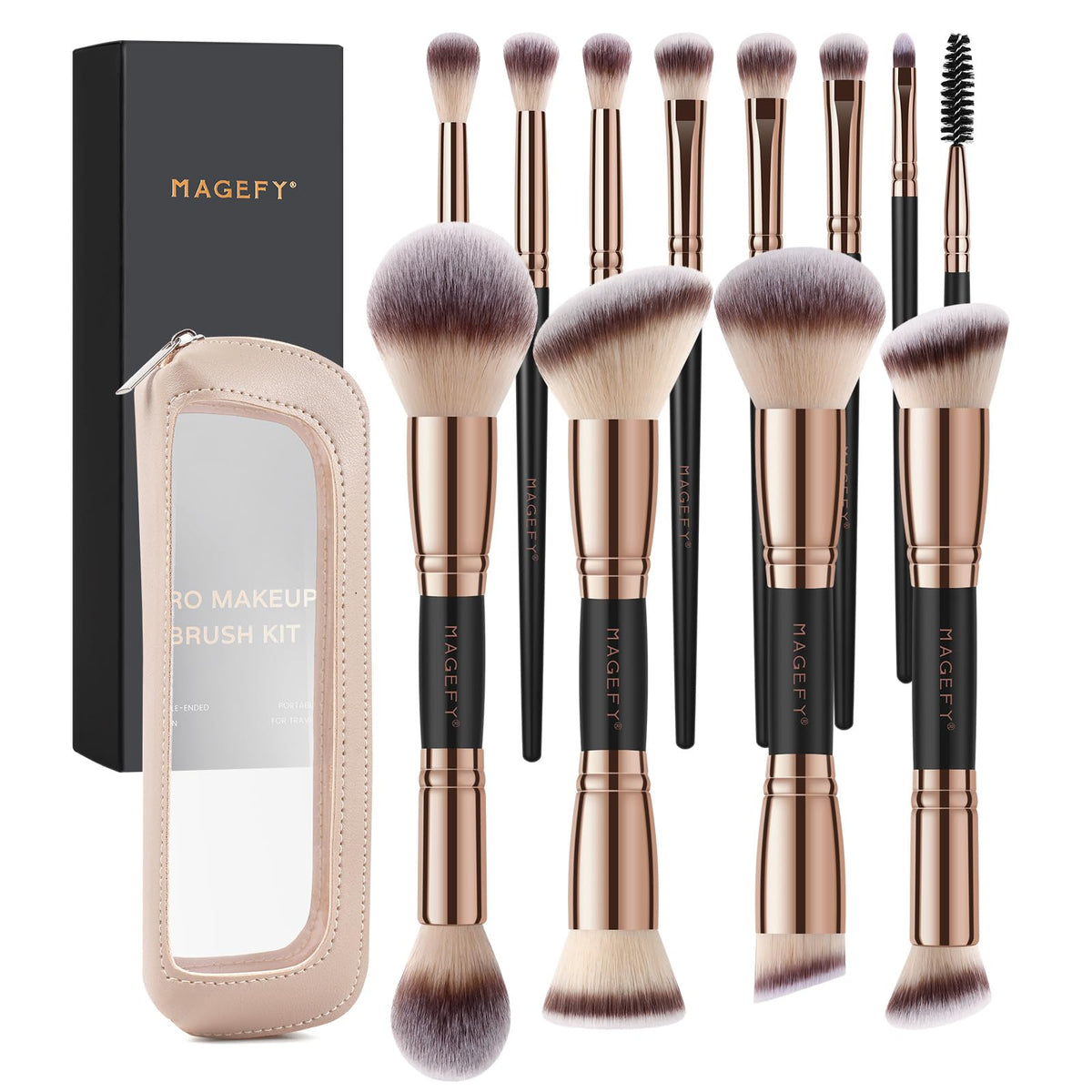 MAGEFY Makeup Brushes 12Pcs with Bag, Double-End Multi-functional for Foundation Powder Blush Eyeliner Eyeshadows brushes with Gift Box,Champagne