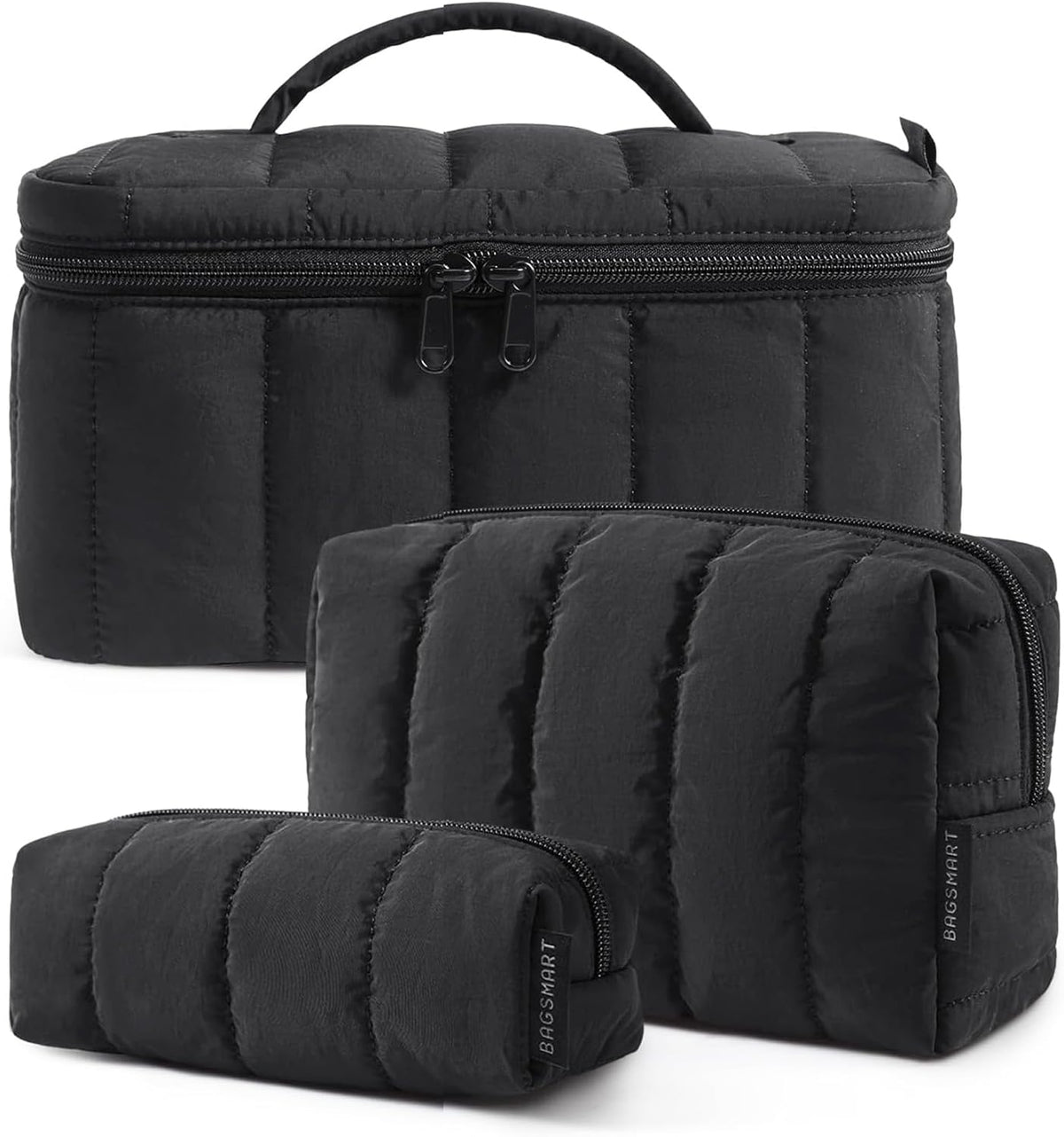 BAGSMART Travel Makeup Bag Set, 3 Pc Puffy Cosmetic Pouch, Black