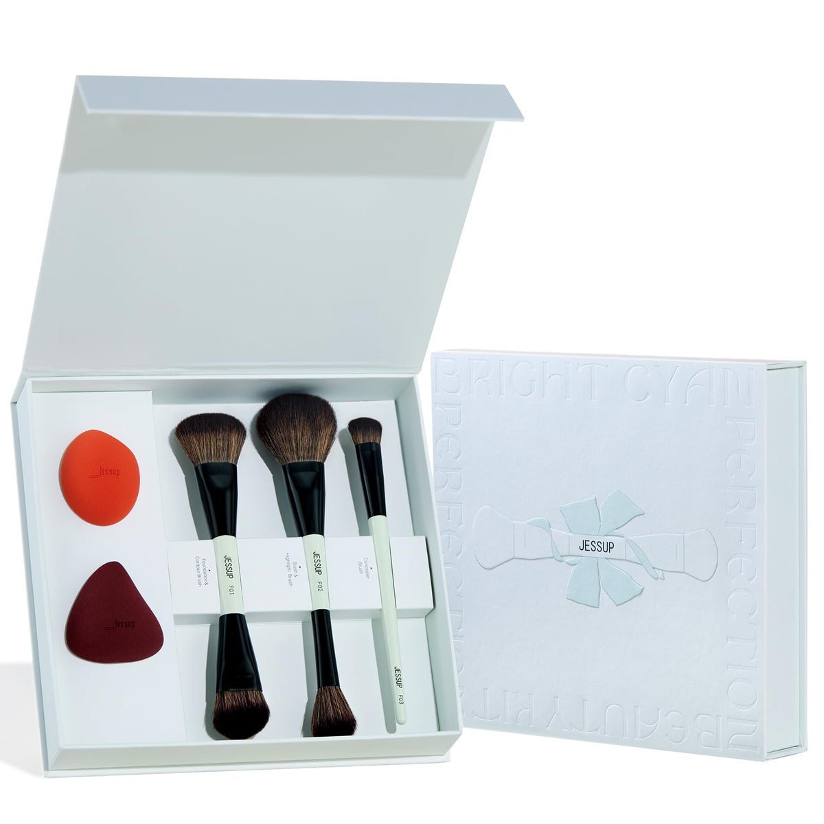 Jessup Makeup Brushes Set 10pcs, Double Sided Foundation Contour Blush Highlight Blending Eyebrow Brush Eyeshadow Eyeliner Concealer Brush, Bright Cyan Cruelty Free Cosmetic Tools T500