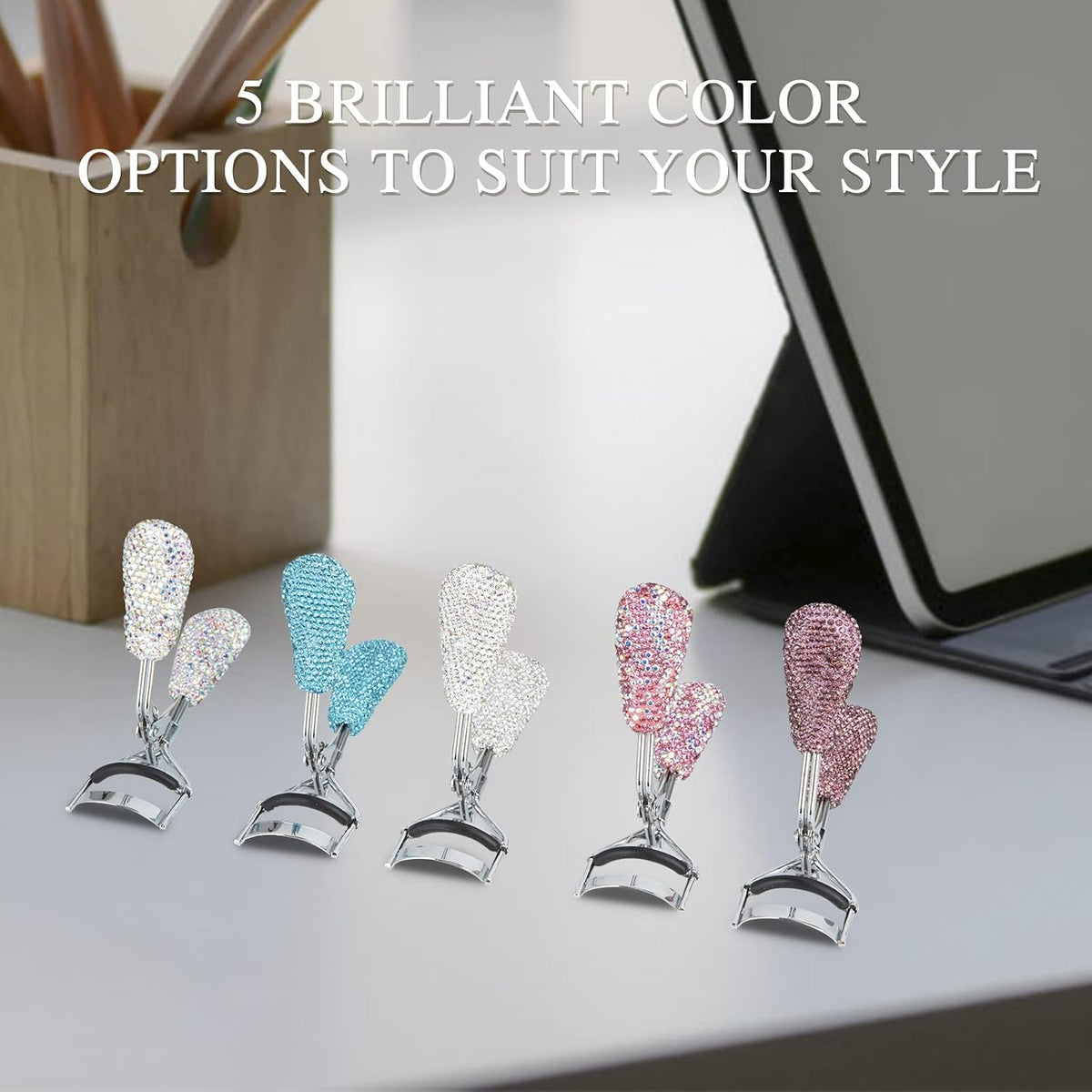 Bling Rhinestone Eyelash Curlers Stainless Steel Natural and Long Lasting Eyelash Fit for All Eye Shape Curved Lash Curler (Pink)